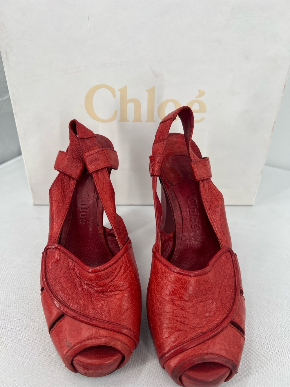 Chloé Red Leather Slingback Peep-Toe Heels with Wrap Detail